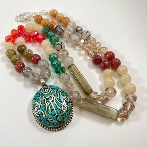 925 Sterling Silver Glass Agate Stone Beaded Crushed Turquoise Pendant Necklace